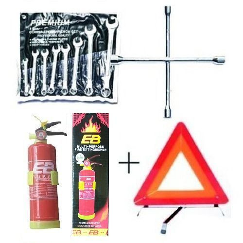 Automobile Car Safety Fire Extinguisher + Wheel Spanner + 8 Pcs Flat & Ring Spanner + C-Caution Sign